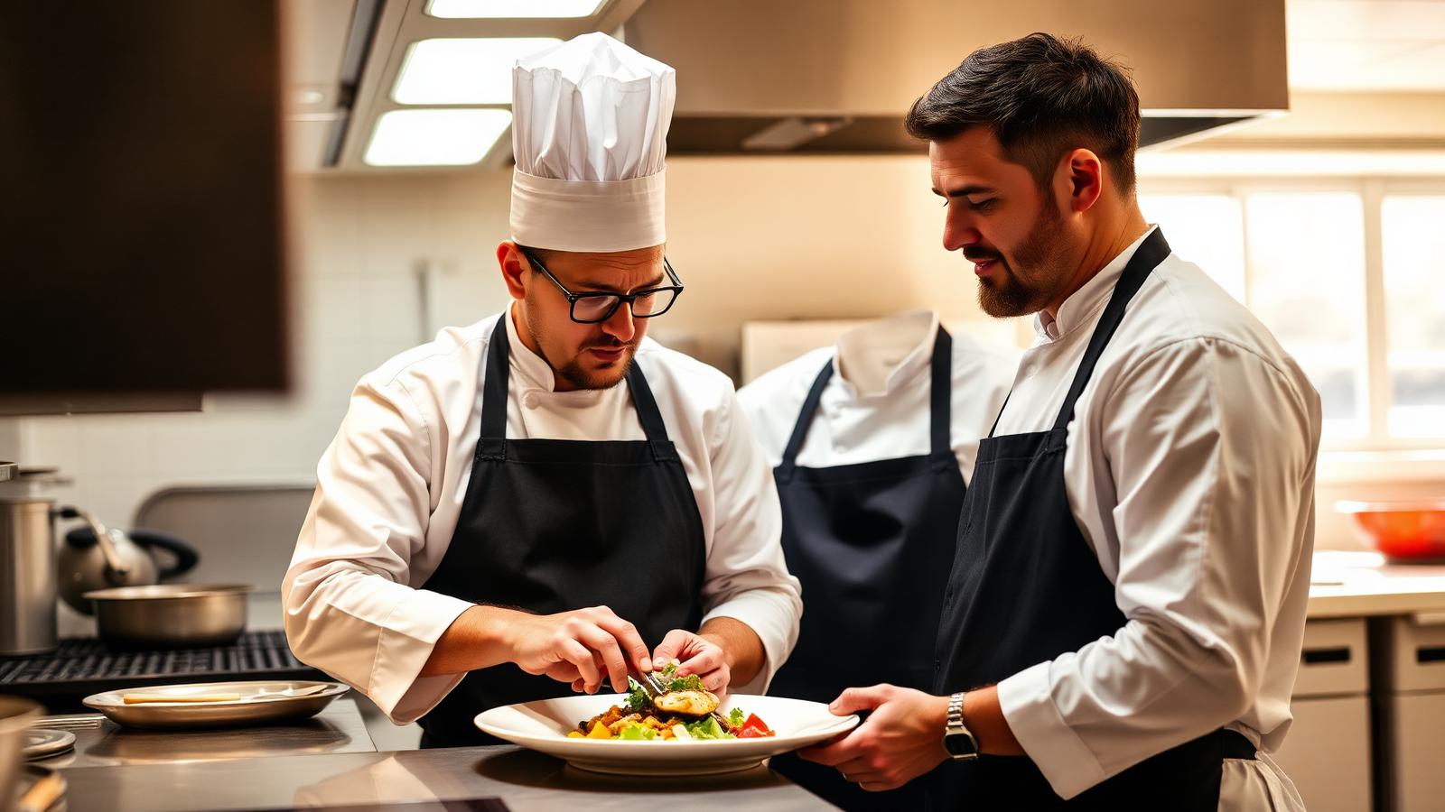 Two chefs reviewing a plated dish together in a professional kitchen