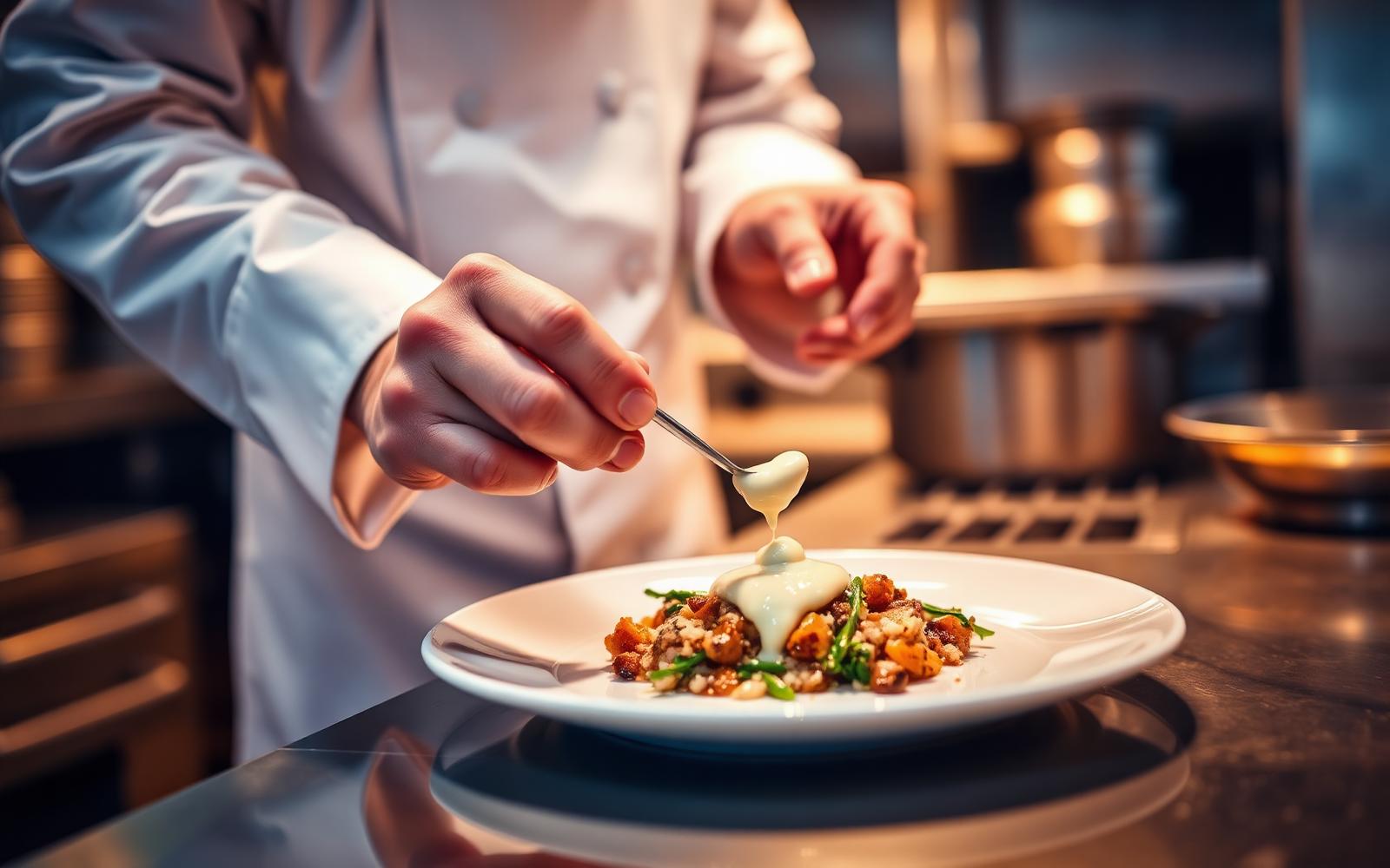 Chef plating a dish with a dairy-based sauce in a professional kitchen