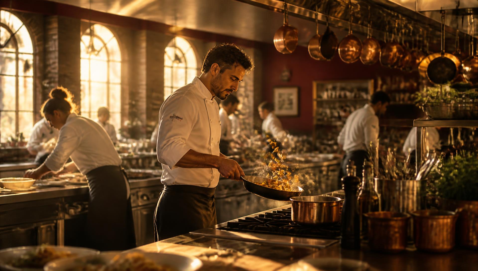 Executive chef pouring cream in a professional kitchen