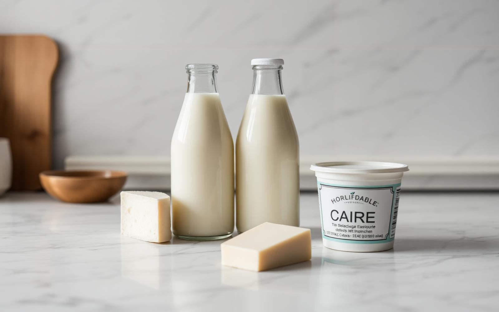 Milk, cheese and cream arranged on a marble kitchen counter